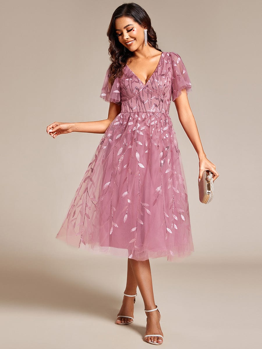 Leaf Sequin Short Sleeve Tulle Midi Wedding Guest Dress #color_Purple Orchid