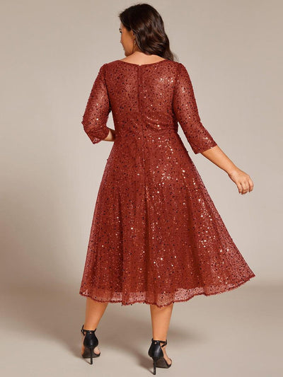 Dazzling Sequin A-Line Midi Evening Dress with Long Sleeves #color_Burnt Orange