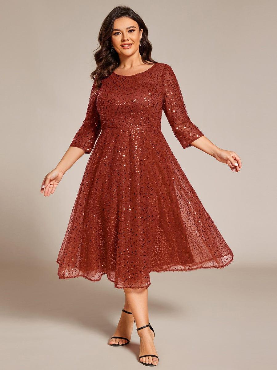 Dazzling Sequin A-Line Midi Evening Dress with Long Sleeves #color_Burnt Orange