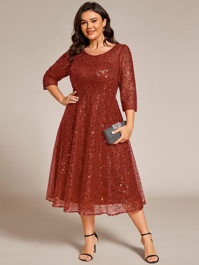 Dazzling Sequin A-Line Midi Evening Dress with Long Sleeves #color_Burnt Orange