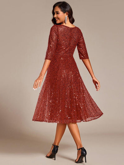 Dazzling Sequin A-Line Midi Evening Dress with Long Sleeves #color_Burnt Orange