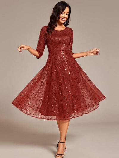 Dazzling Sequin A-Line Midi Evening Dress with Long Sleeves #color_Burnt Orange