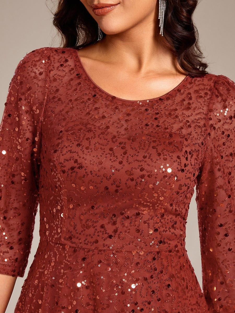 Dazzling Sequin A-Line Midi Evening Dress with Long Sleeves #color_Burnt Orange