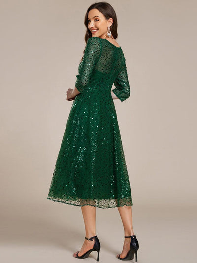 Dazzling Sequin A-Line Midi Evening Dress with Long Sleeves #color_Dark Green