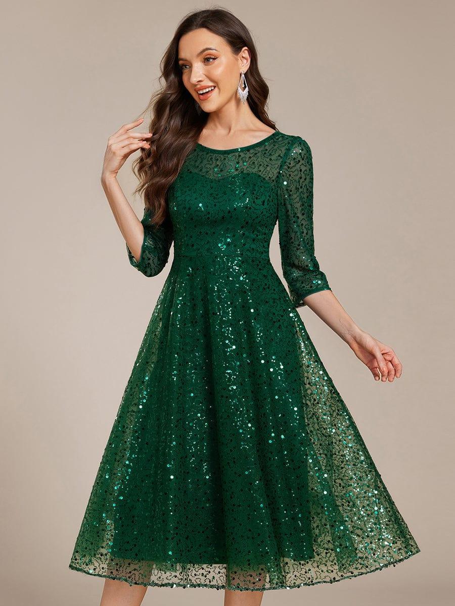 Dazzling Sequin A-Line Midi Evening Dress with Long Sleeves #color_Dark Green