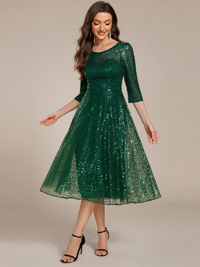 Dazzling Sequin A-Line Midi Evening Dress with Long Sleeves #color_Dark Green