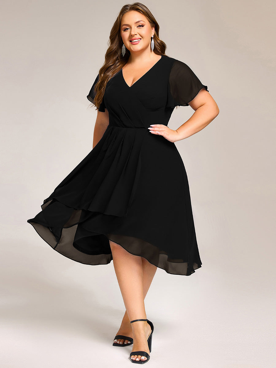Short Sleeve Ruffled Floral Midi Wedding Guest Dress #color_Black