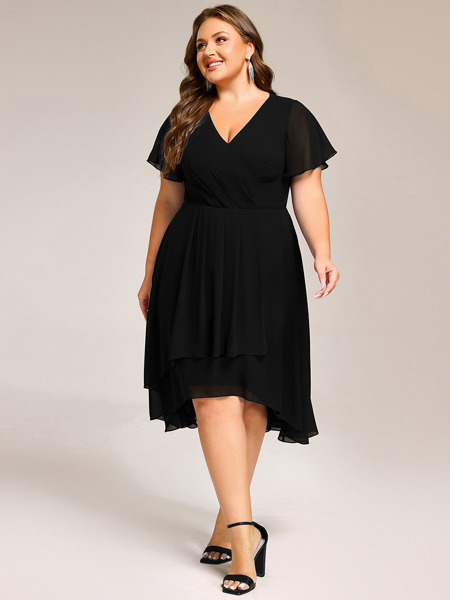 Short Sleeve Ruffled Floral Midi Wedding Guest Dress #color_Black