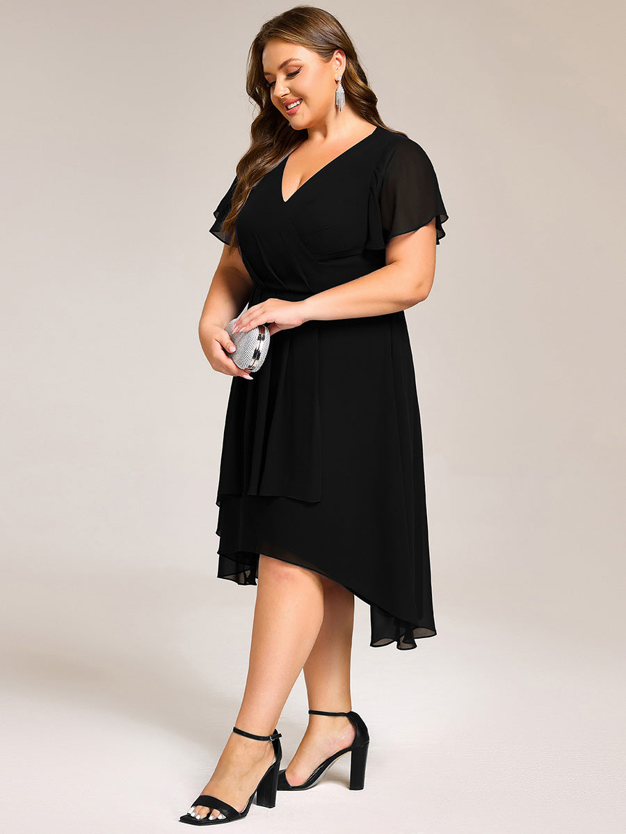 Short Sleeve Ruffled Floral Midi Wedding Guest Dress #color_Black