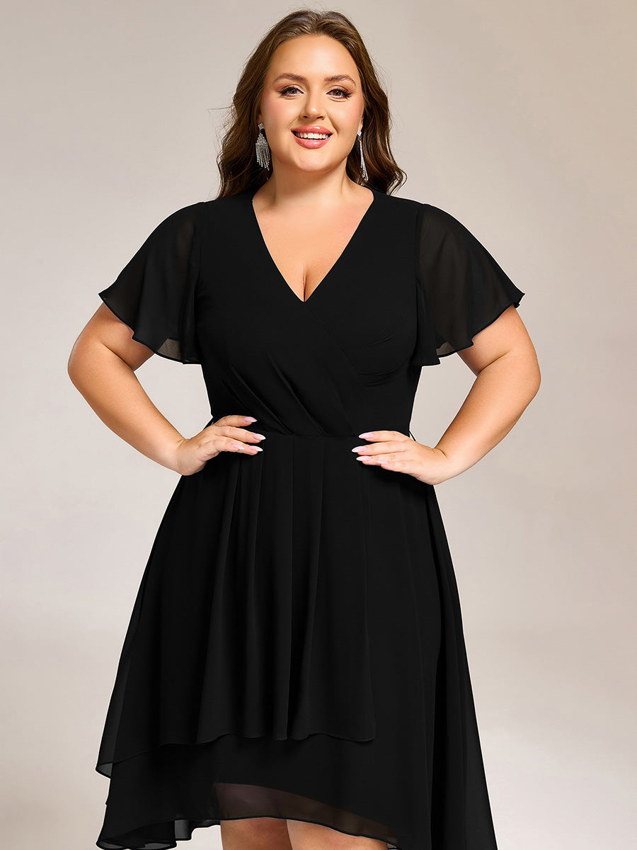 Short Sleeve Ruffled Floral Midi Wedding Guest Dress #color_Black