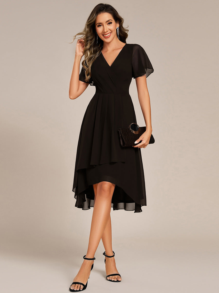 Short Sleeve Ruffled Floral Midi Wedding Guest Dress #color_Black