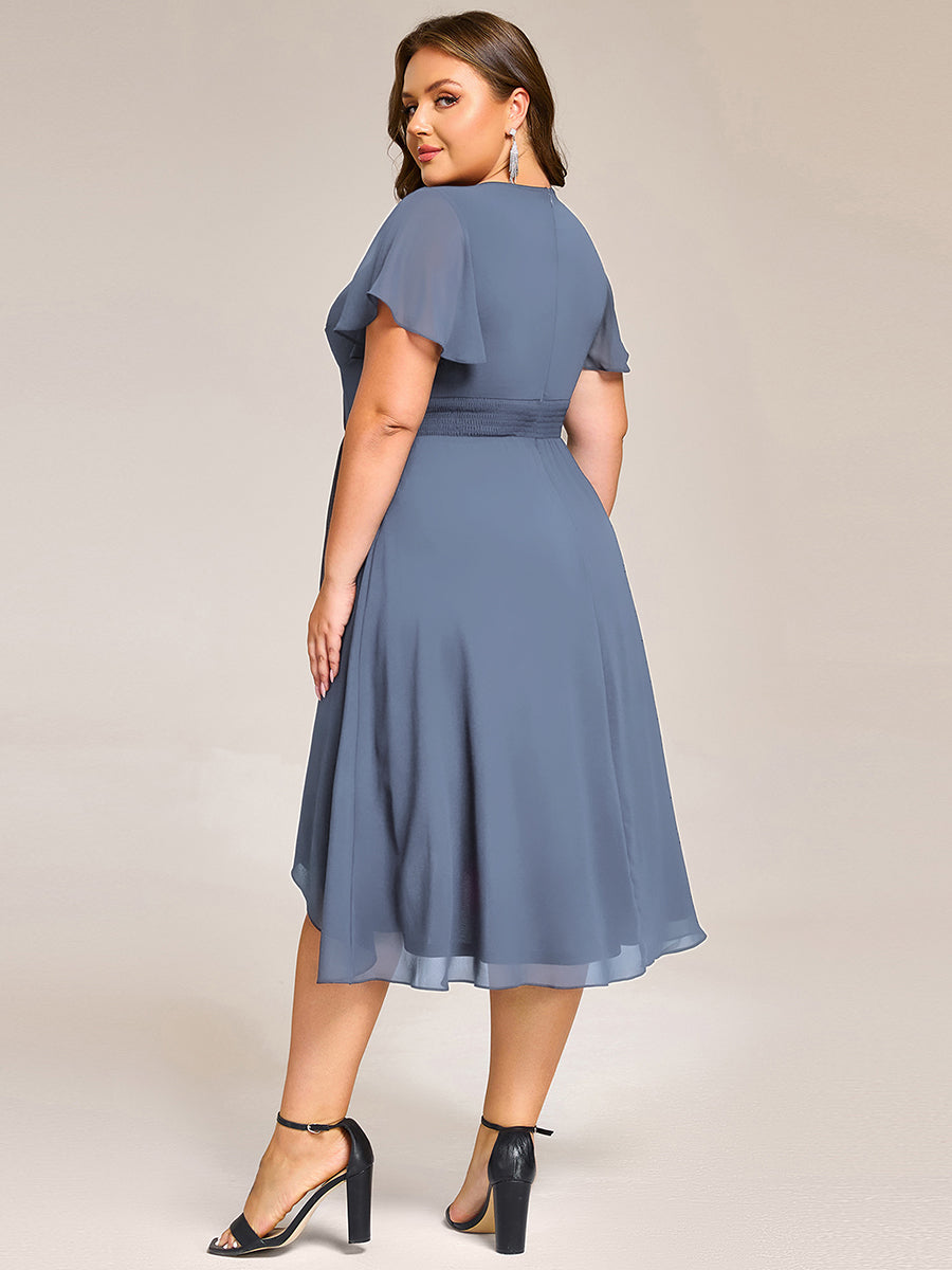Short Sleeve Ruffled Floral Midi Wedding Guest Dress #color_Dusty Blue