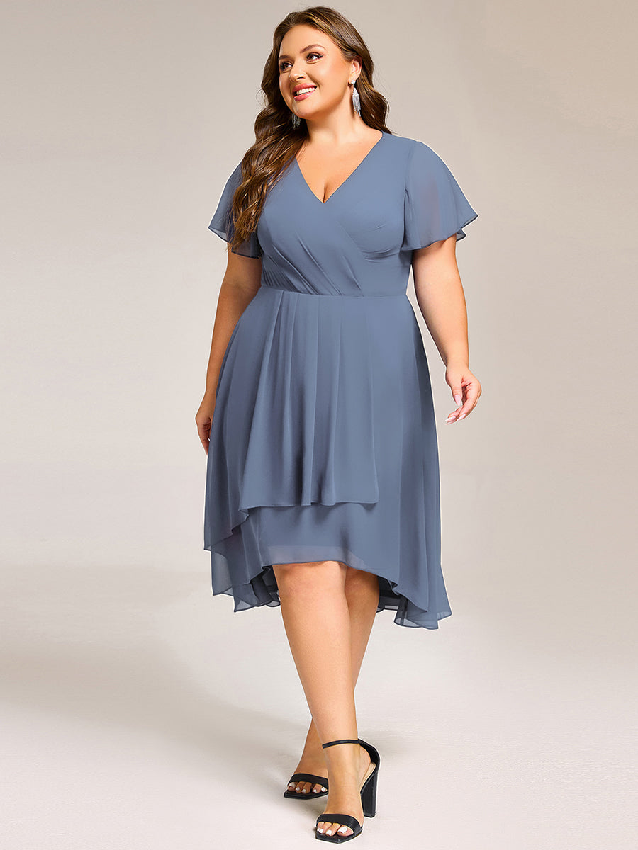 Short Sleeve Ruffled Floral Midi Wedding Guest Dress #color_Dusty Blue