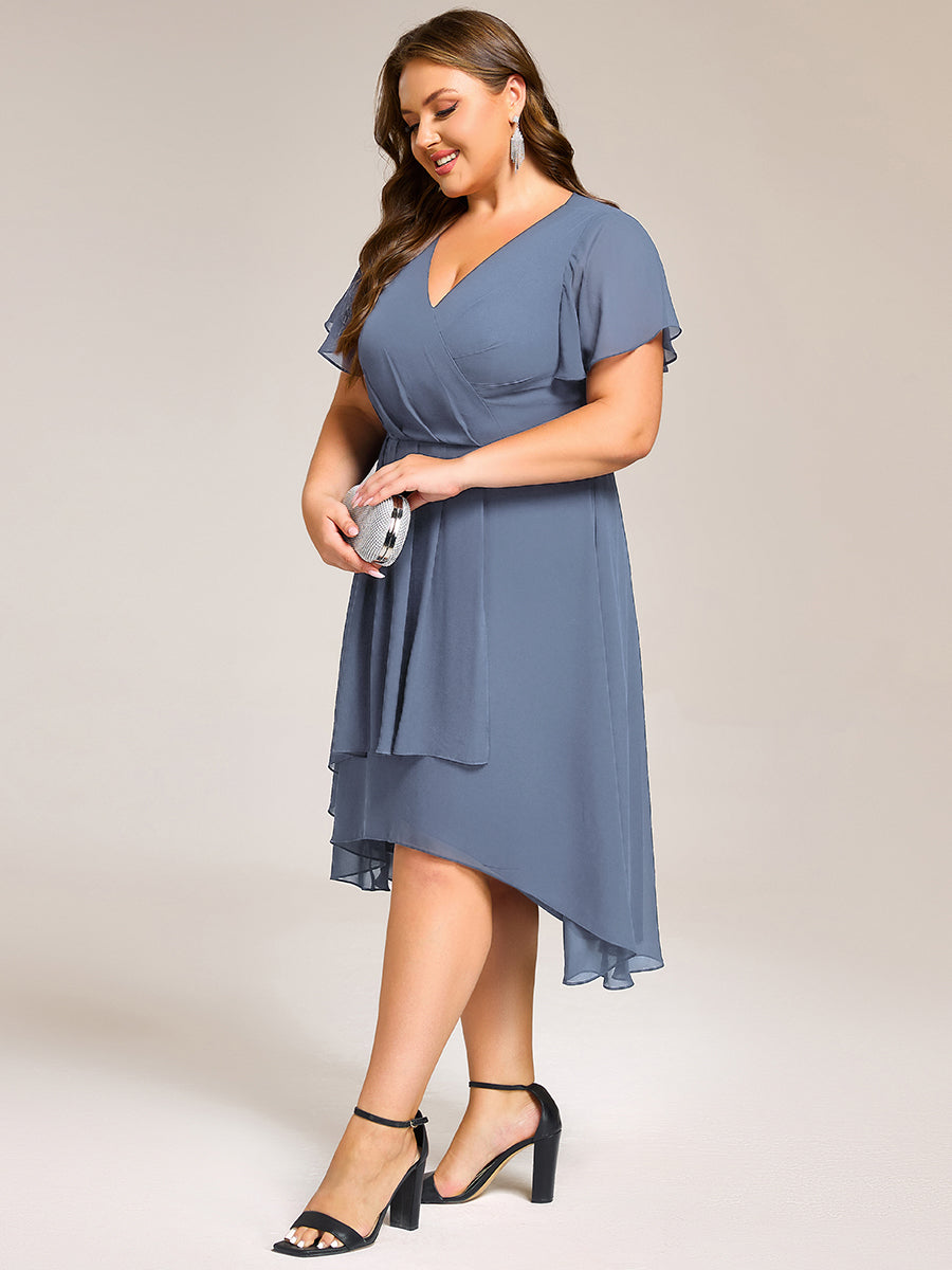 Short Sleeve Ruffled Floral Midi Wedding Guest Dress #color_Dusty Blue