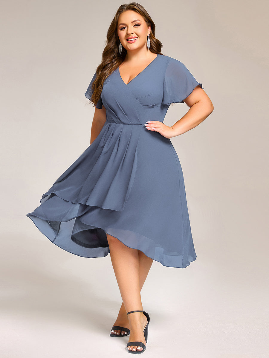 Short Sleeve Ruffled Floral Midi Wedding Guest Dress #color_Dusty Blue