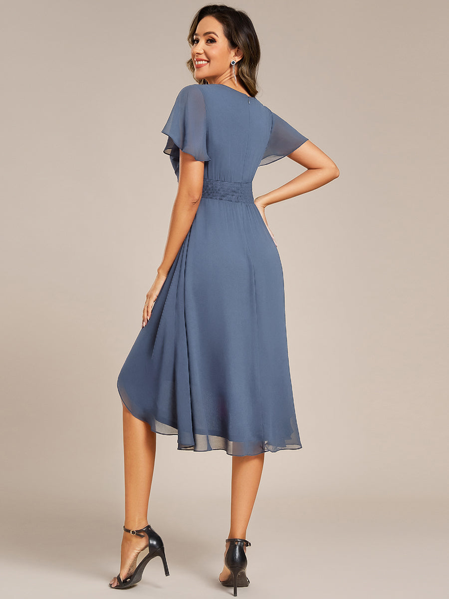 Short Sleeve Ruffled Floral Midi Wedding Guest Dress #color_Dusty Blue