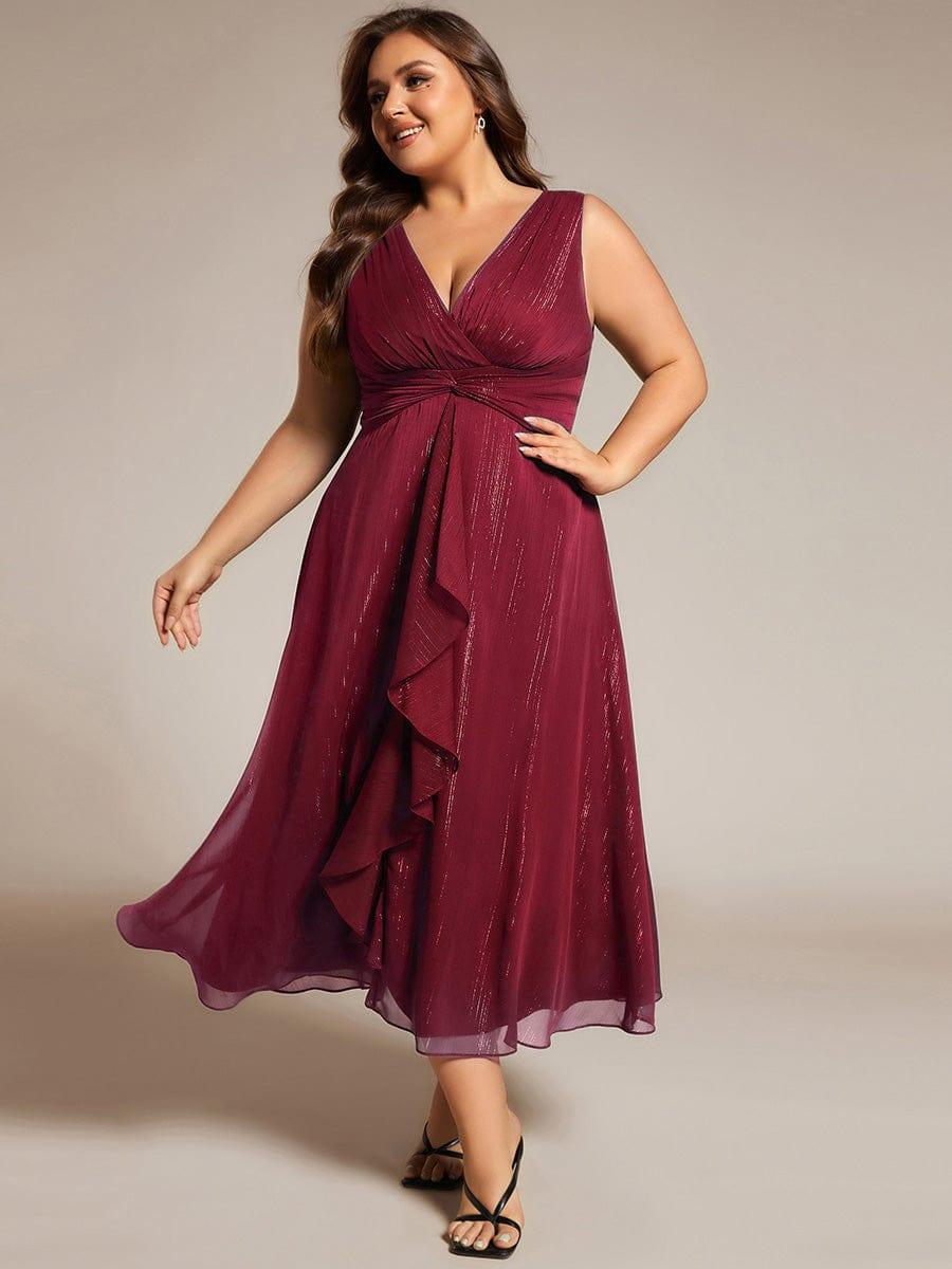 Sleeveless Twist Knot A-Line Lotus Leaf Shimmering Wedding Guest Dress #color_Burgundy