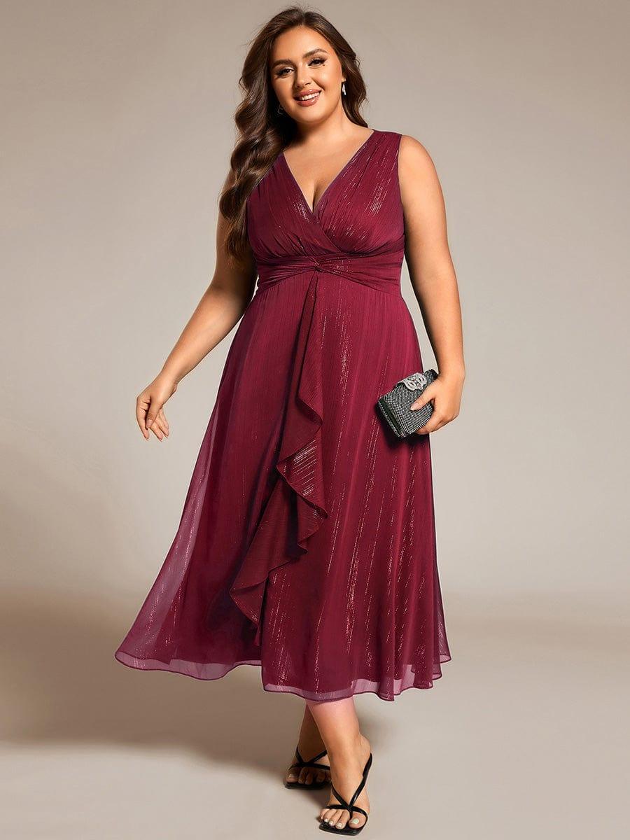 Sleeveless Twist Knot A-Line Lotus Leaf Shimmering Wedding Guest Dress #color_Burgundy