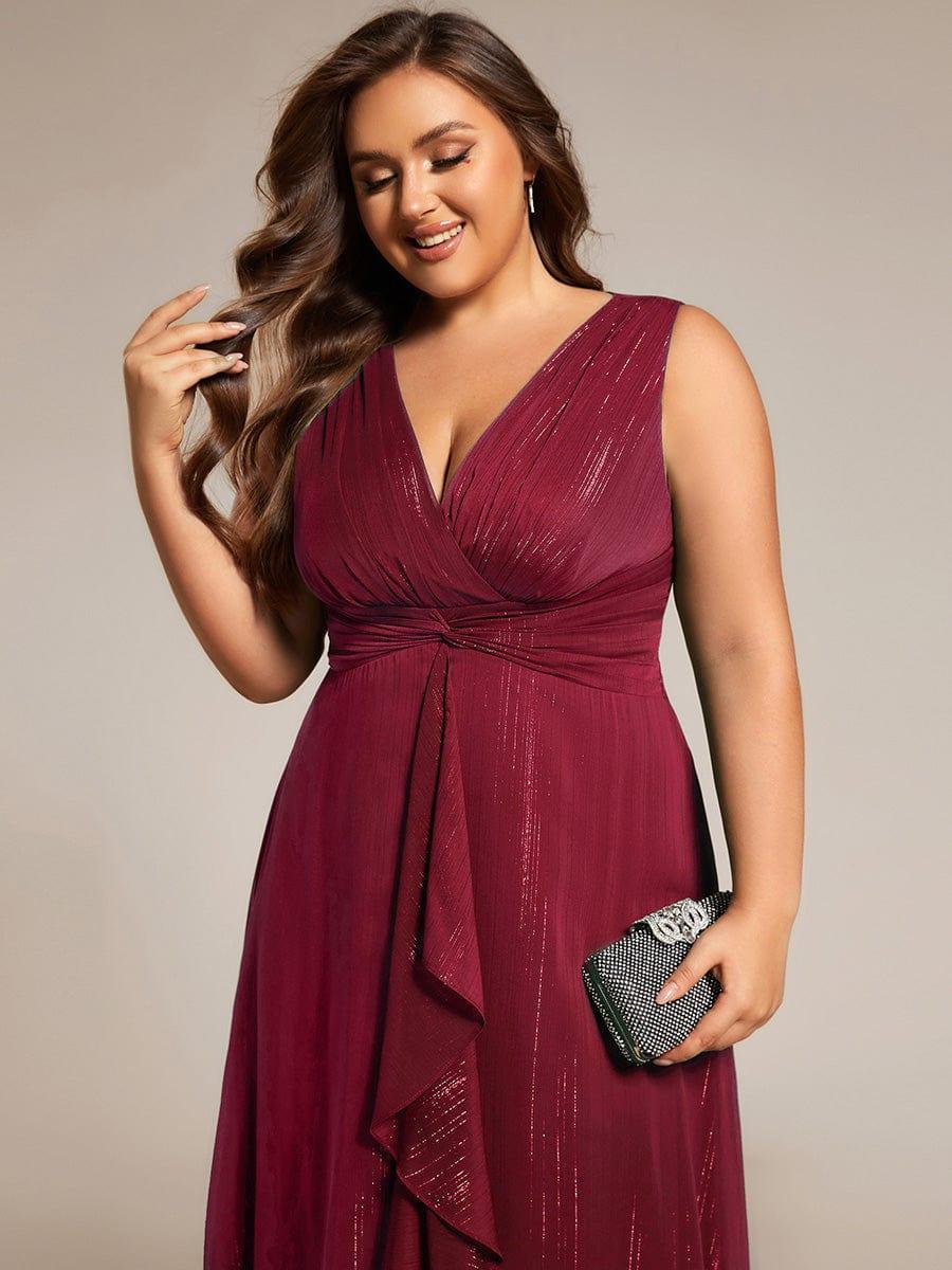 Sleeveless Twist Knot A-Line Lotus Leaf Shimmering Wedding Guest Dress #color_Burgundy