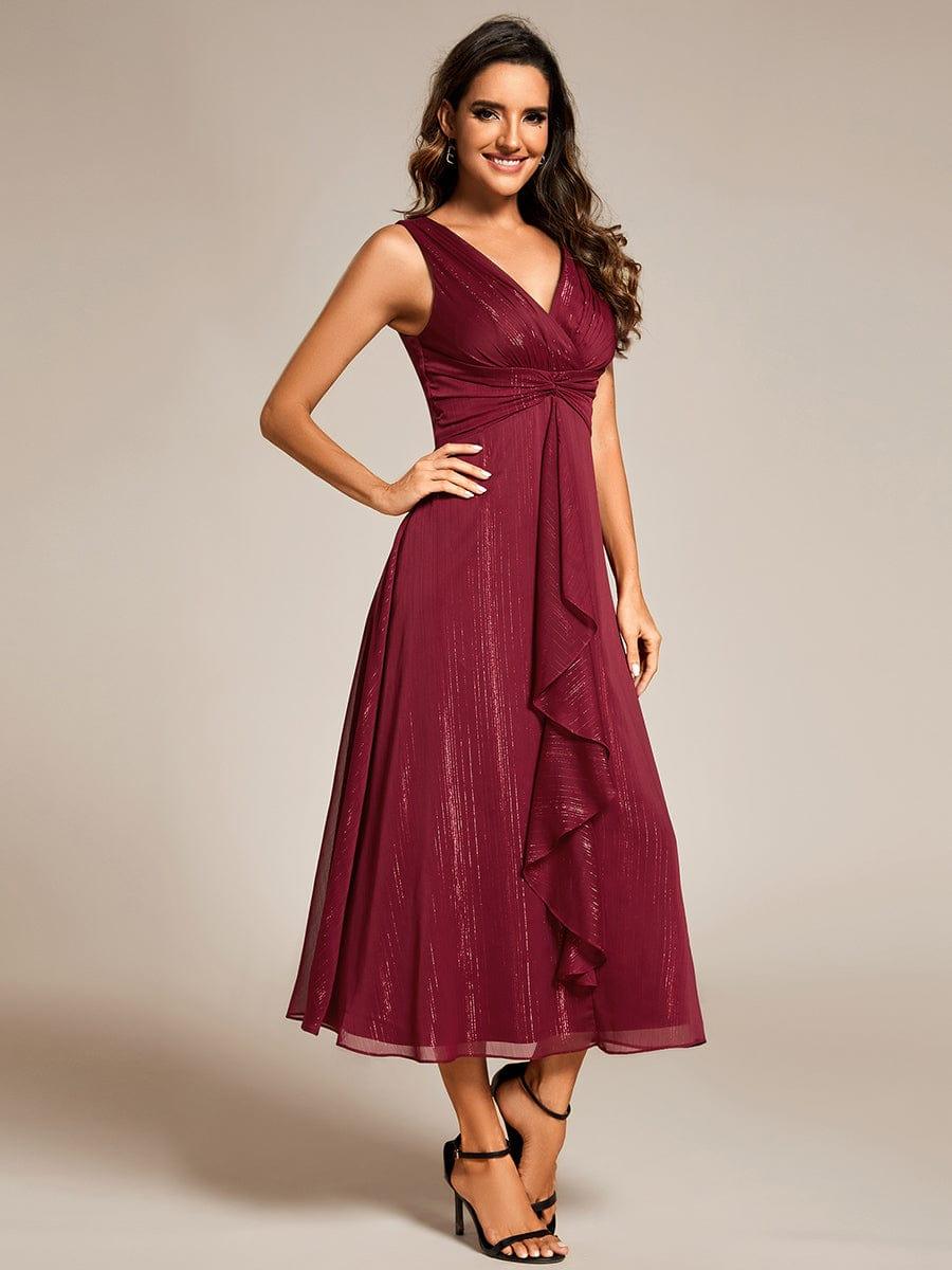 Sleeveless Twist Knot A-Line Lotus Leaf Shimmering Wedding Guest Dress #color_Burgundy