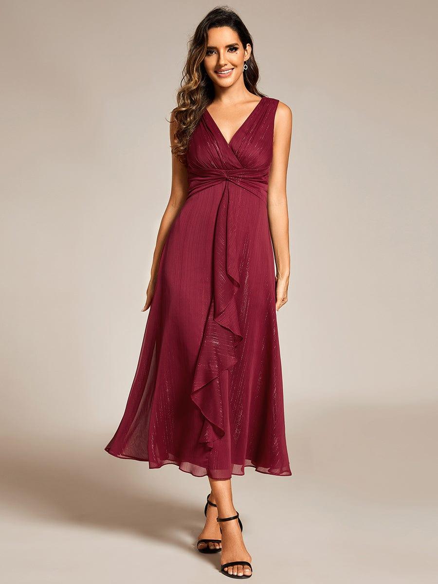 Sleeveless Twist Knot A-Line Lotus Leaf Shimmering Wedding Guest Dress #color_Burgundy