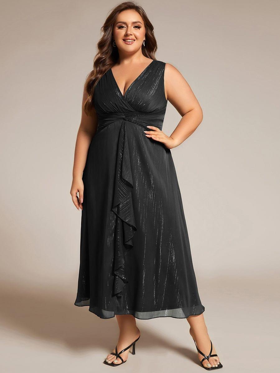 Sleeveless Twist Knot A-Line Lotus Leaf Shimmering Wedding Guest Dress #color_Black