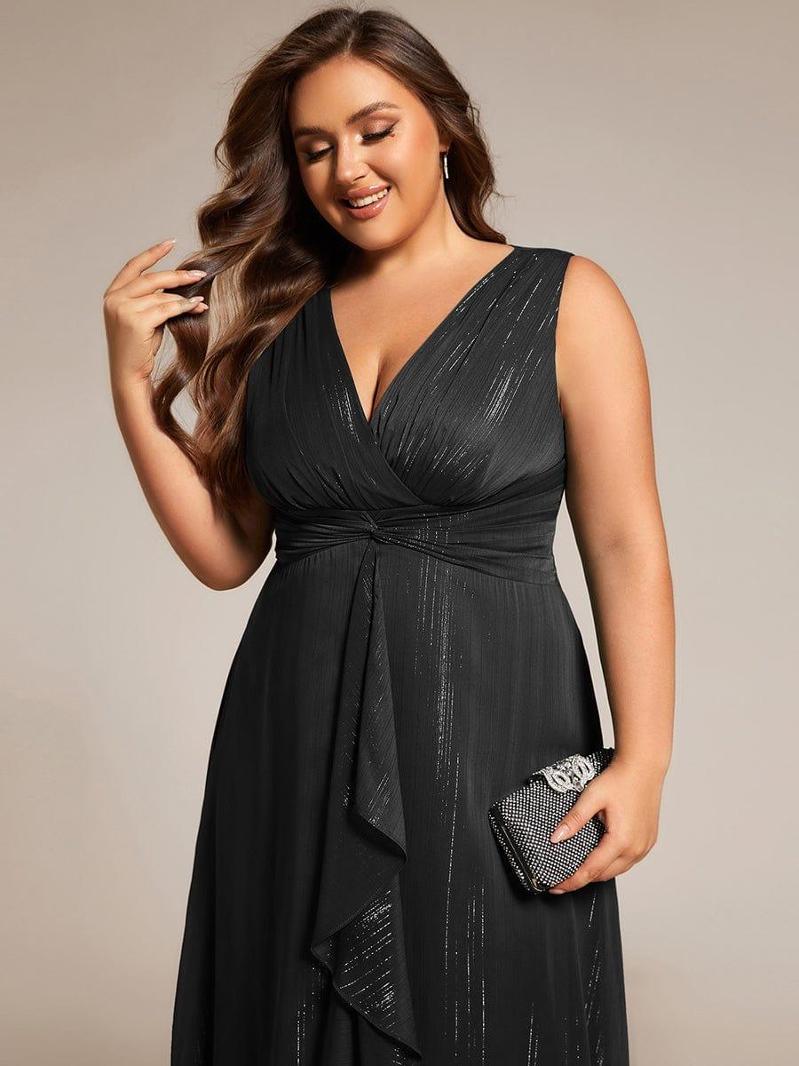 Sleeveless Twist Knot A-Line Lotus Leaf Shimmering Wedding Guest Dress #color_Black