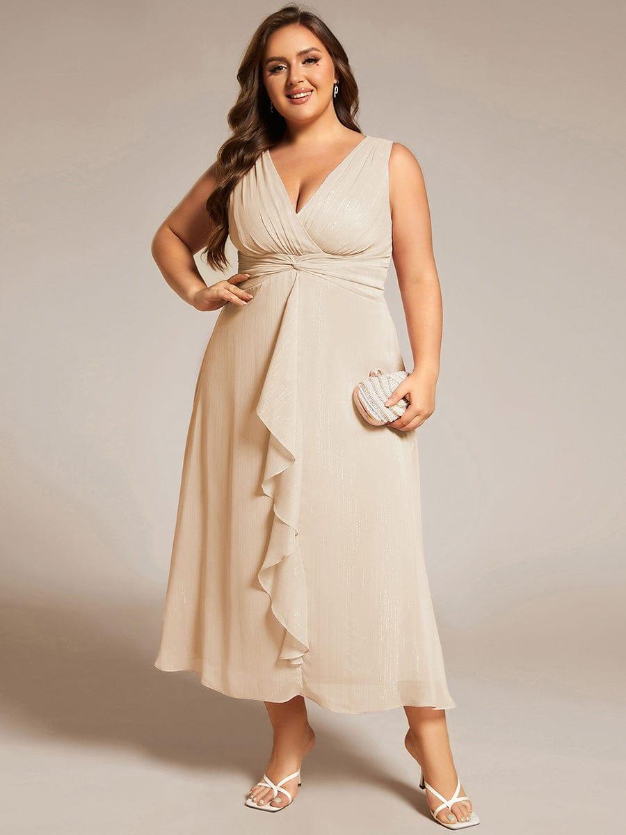 Sleeveless Twist Knot A-Line Lotus Leaf Shimmering Wedding Guest Dress #color_Champagne