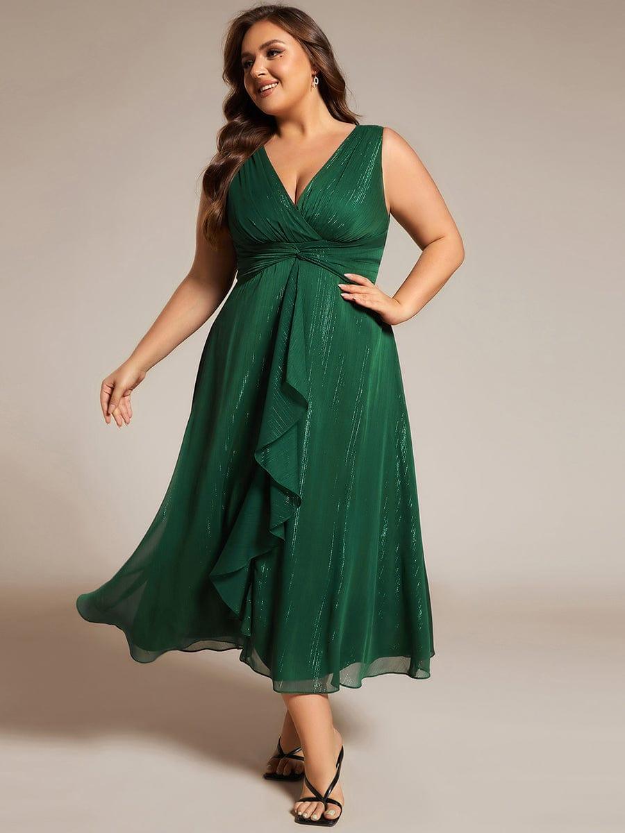Sleeveless Twist Knot A-Line Lotus Leaf Shimmering Wedding Guest Dress #color_Dark Green