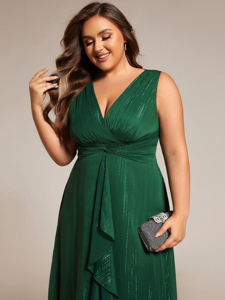 Sleeveless Twist Knot A-Line Lotus Leaf Shimmering Wedding Guest Dress #color_Dark Green