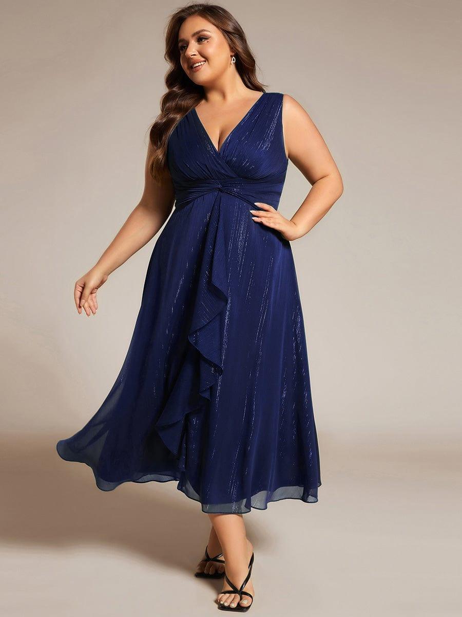Sleeveless Twist Knot A-Line Lotus Leaf Shimmering Wedding Guest Dress #color_Navy Blue