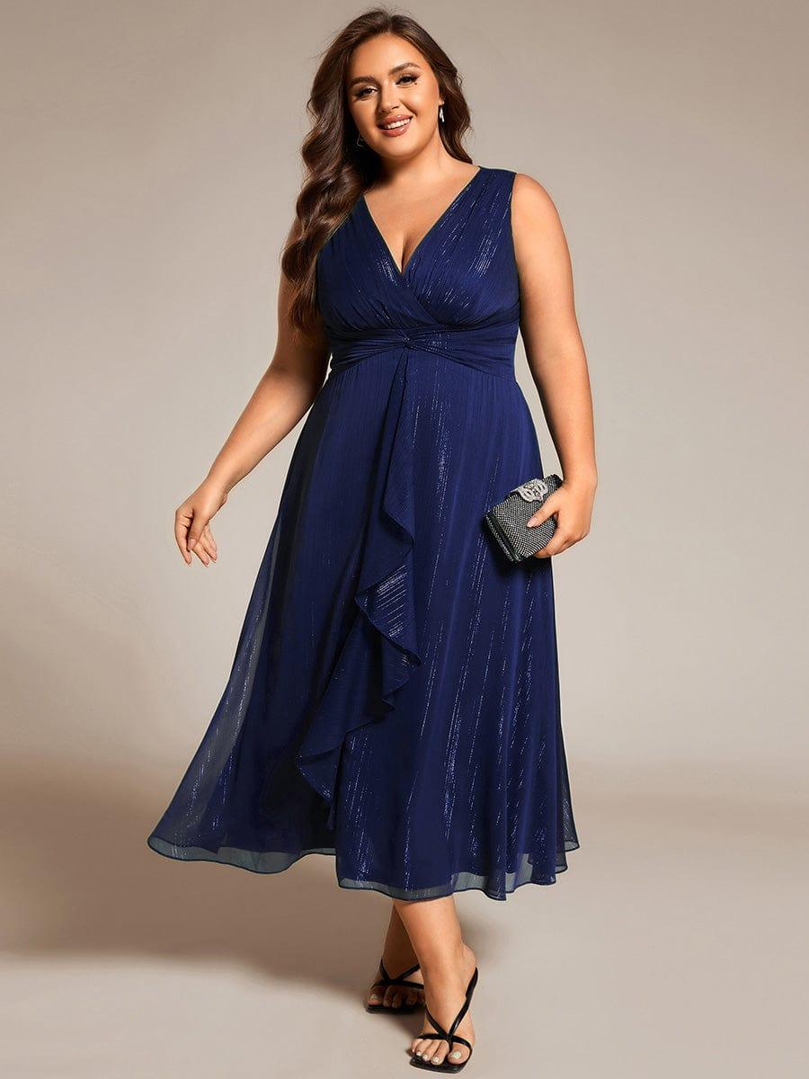 Sleeveless Twist Knot A-Line Lotus Leaf Shimmering Wedding Guest Dress #color_Navy Blue