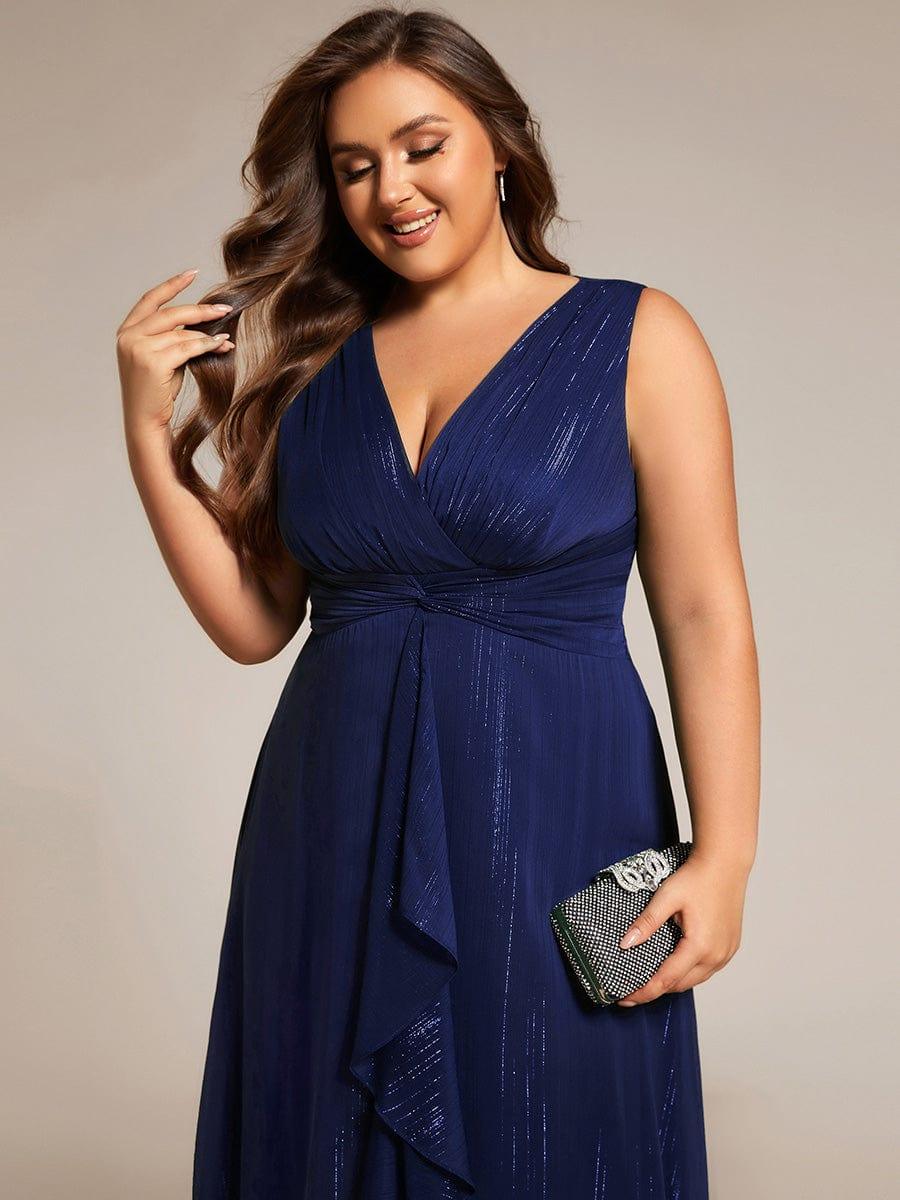 Sleeveless Twist Knot A-Line Lotus Leaf Shimmering Wedding Guest Dress #color_Navy Blue