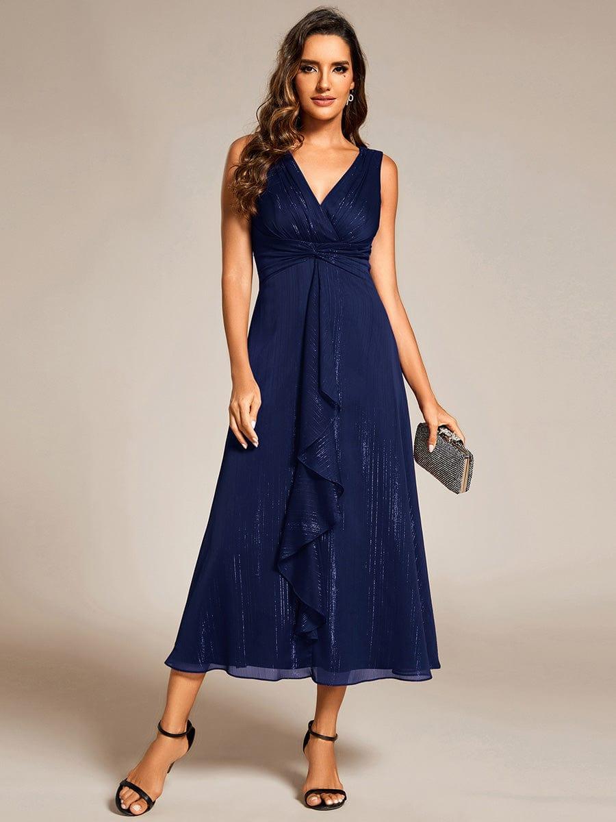 Sleeveless Twist Knot A-Line Lotus Leaf Shimmering Wedding Guest Dress #color_Navy Blue