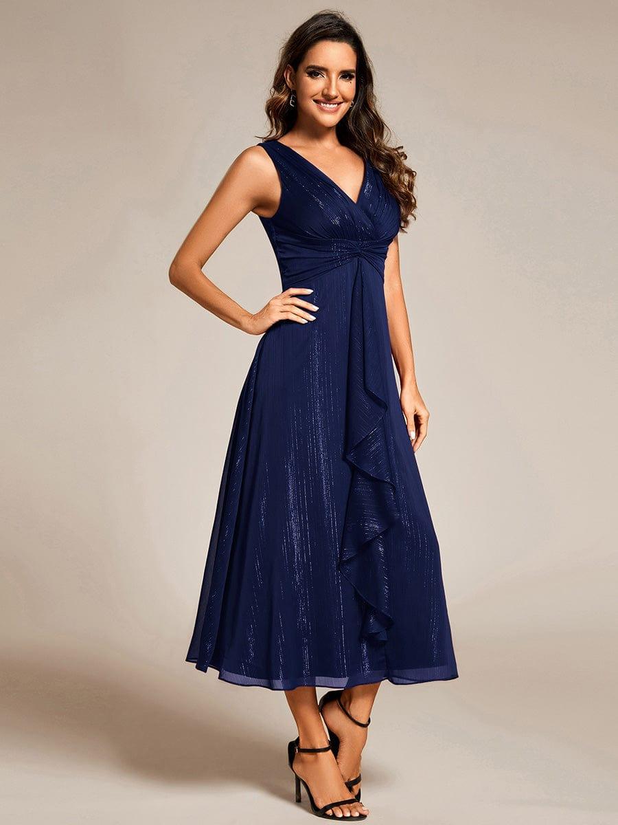 Sleeveless Twist Knot A-Line Lotus Leaf Shimmering Wedding Guest Dress #color_Navy Blue