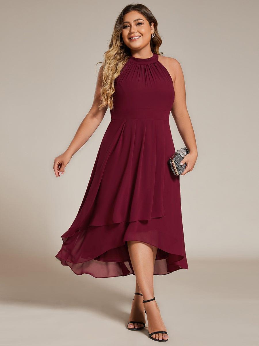 Midi A Line Sleeveless Halter Neck Wedding Guest Dress in Chiffon #color_Burgundy