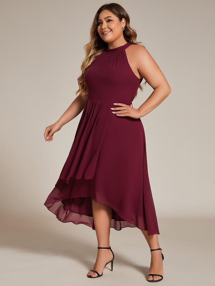 Midi A Line Sleeveless Halter Neck Wedding Guest Dress in Chiffon #color_Burgundy