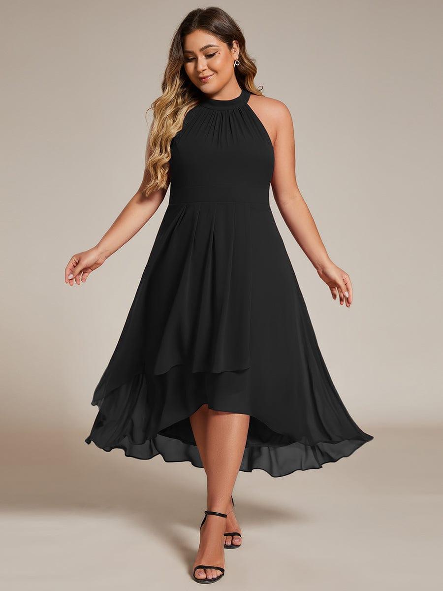 Midi A Line Sleeveless Halter Neck Wedding Guest Dress in Chiffon #color_Black