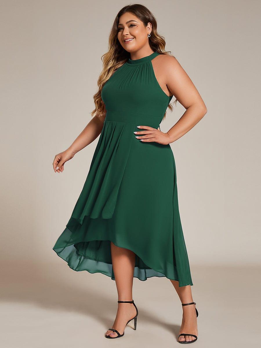 Midi A Line Sleeveless Halter Neck Wedding Guest Dress in Chiffon #color_Dark Green