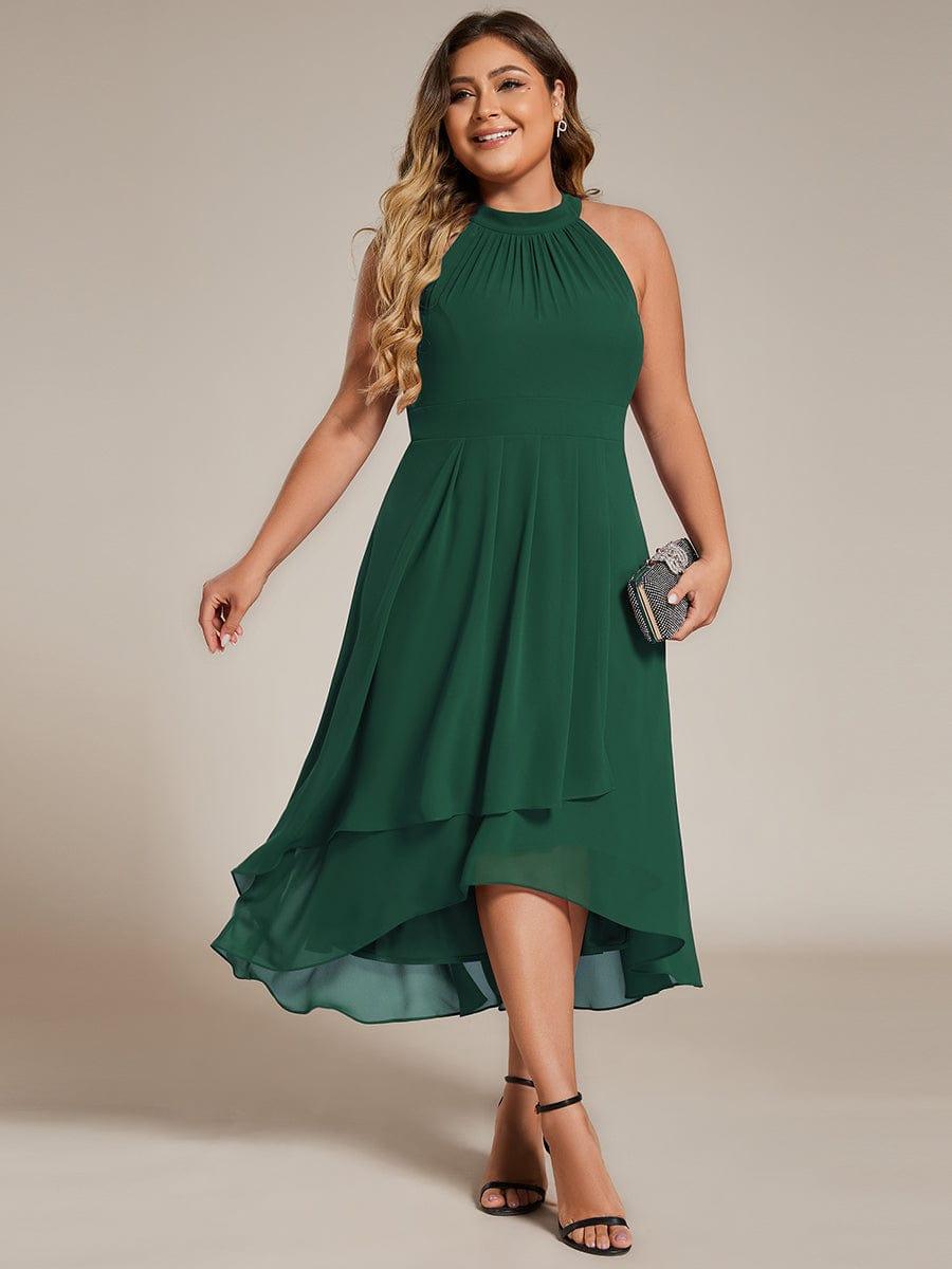Midi A Line Sleeveless Halter Neck Wedding Guest Dress in Chiffon #color_Dark Green