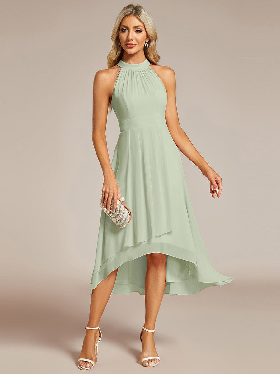 Midi A Line Sleeveless Halter Neck Evening Dress in Chiffon #color_Mint Green