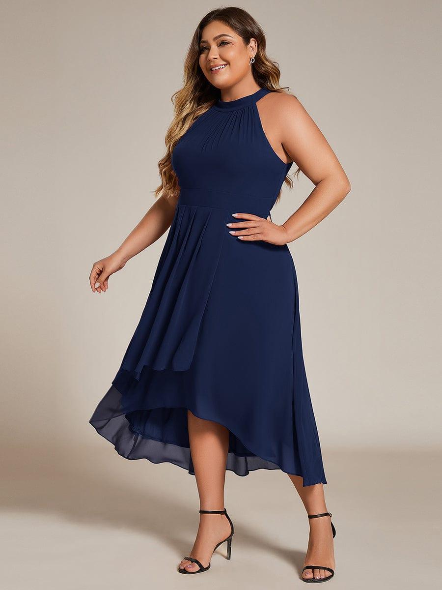 Midi A Line Sleeveless Halter Neck Wedding Guest Dress in Chiffon #color_Navy Blue