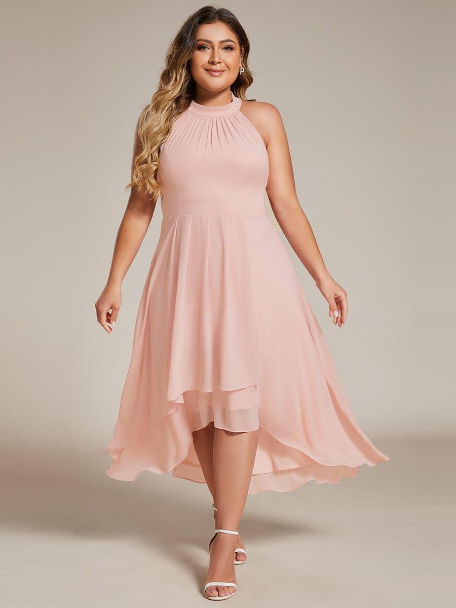 Midi A Line Sleeveless Halter Neck Wedding Guest Dress in Chiffon #color_Pink