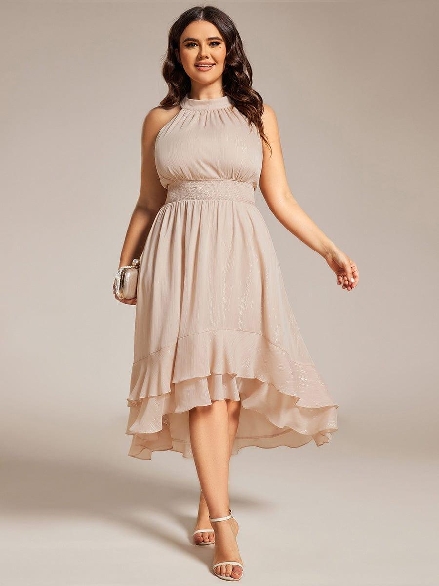 Shimmering Halter Neck Pleated High-Low Ruffle Wedding Guest Dress #color_Champagne