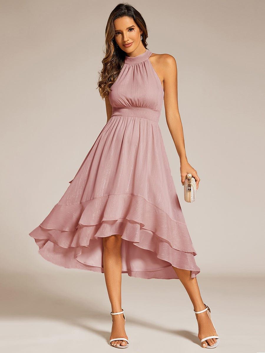 Shimmering Halter Neck Pleated High-Low Ruffle Wedding Guest Dress #color_Dusty Rose