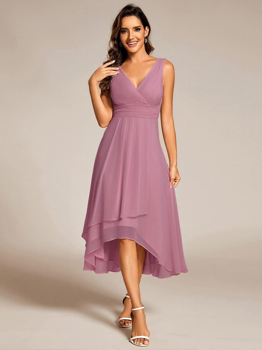 Elegant V-Neck Sleeveless Pleated High-Low Chiffon Wedding Guest Dress #color_Purple Orchid