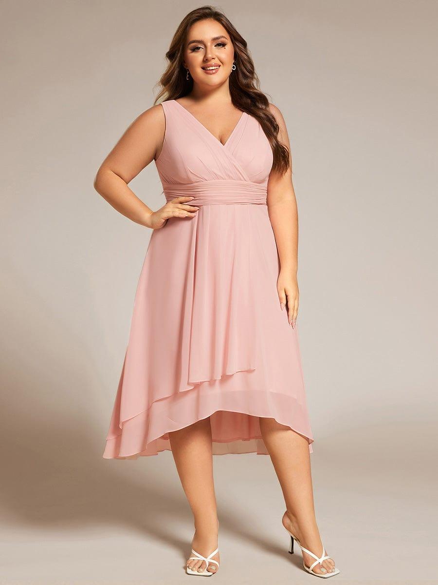 Elegant V-Neck Sleeveless Pleated High-Low Chiffon Dress in Pink #color_Pink