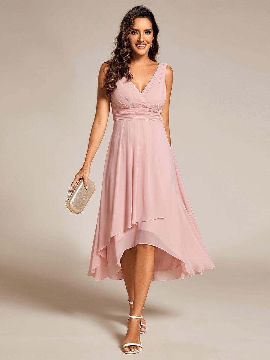 Elegant V-Neck Sleeveless Pleated High-Low Chiffon Wedding Guest Dress #color_Pink
