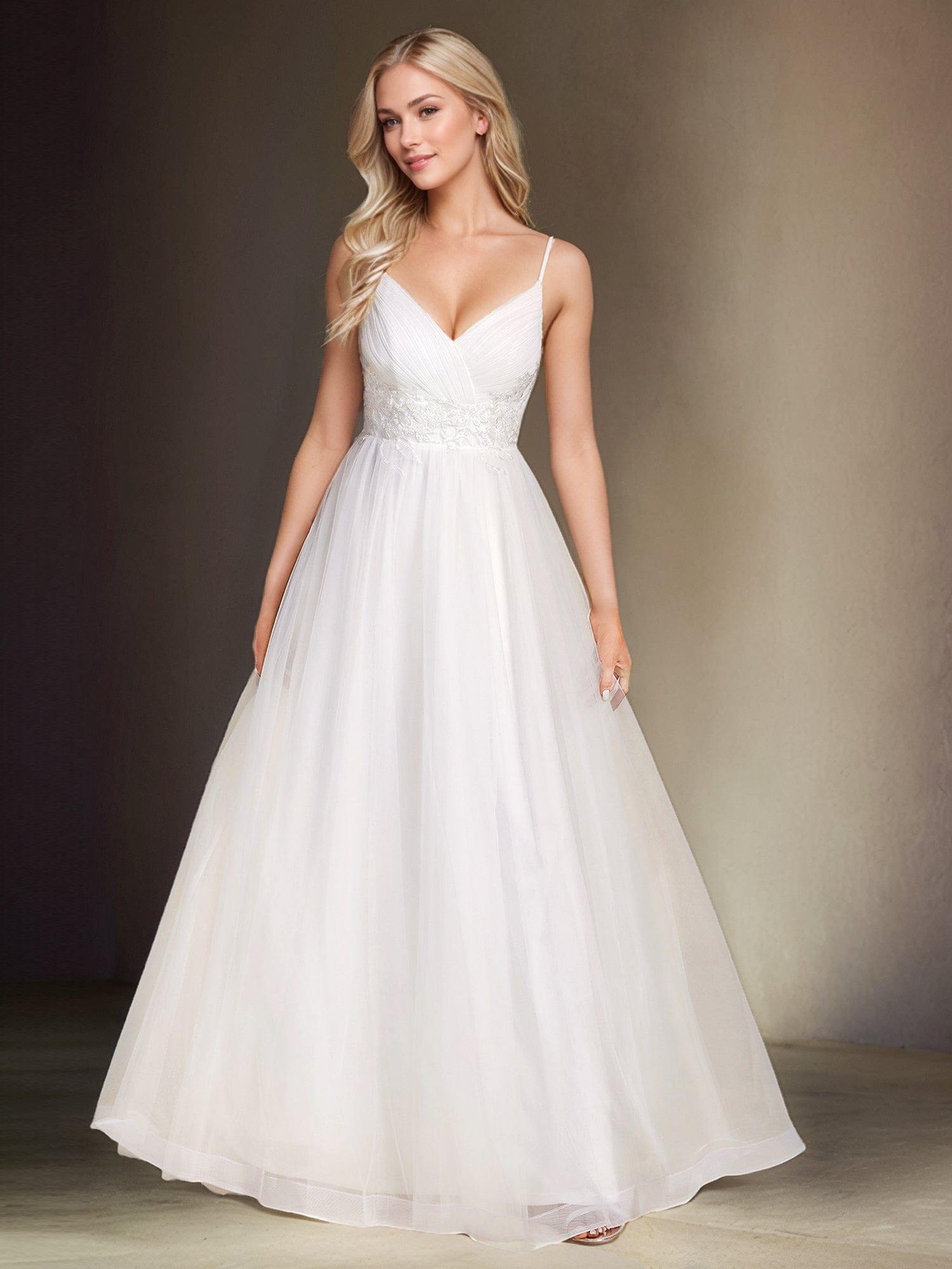 Spaghetti Straps V-Neck Applique Wedding Dress #color_White