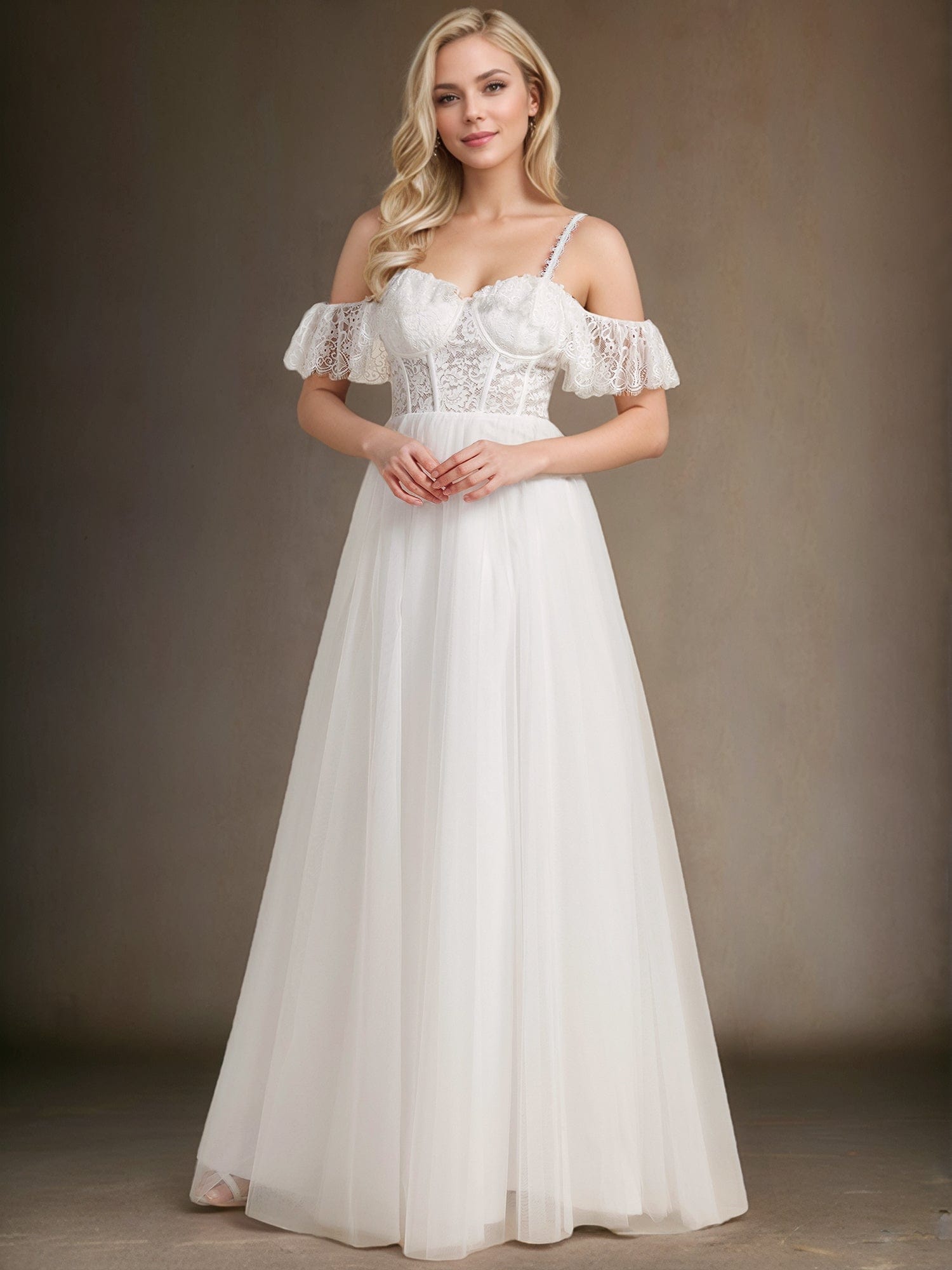See-Through Lace Bodice Spaghetti Strap Cold Shoulder Tulle Wedding Dress #color_White
